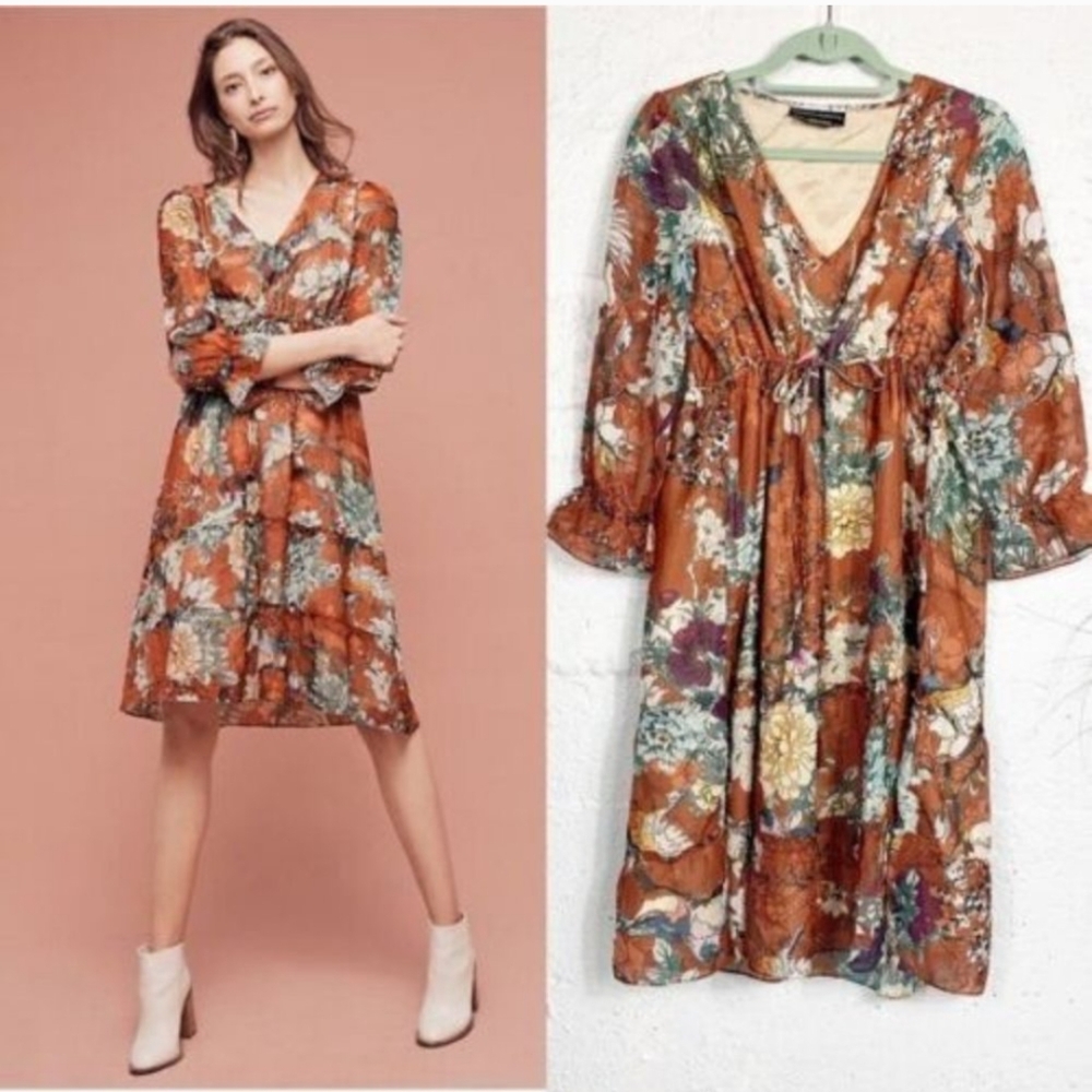 HEMANT & NANDITA Rust Floral Maxi Dress with Green and Cream Accents